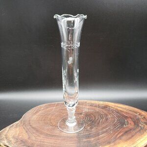 Vintage Clear Glass Bud Vase 8" Etched Trumpet Form Twisted Net Stem Elegant